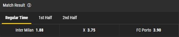 Bwin's 1X2 line for Inter Milan - Porto match